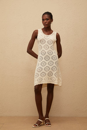 Aurohaya Ismérie White Scalloped Crochet Knit Mini Dress