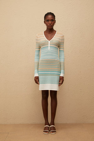 Aurohaya Pélagie Green Wavy Crochet Knit Mini Dress