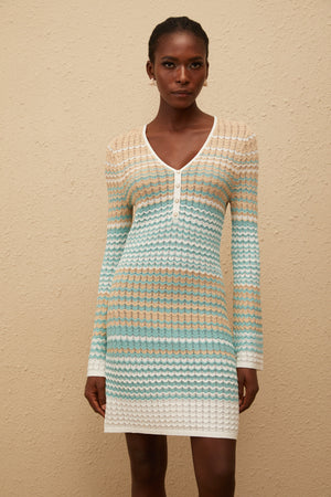Aurohaya Pélagie Green Wavy Crochet Knit Mini Dress