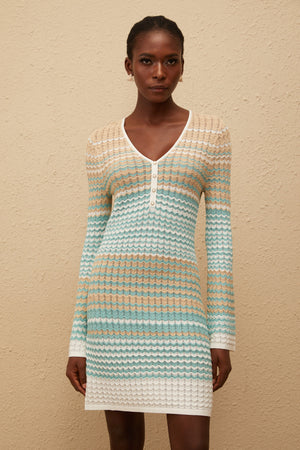 Aurohaya Pélagie Green Wavy Crochet Knit Mini Dress