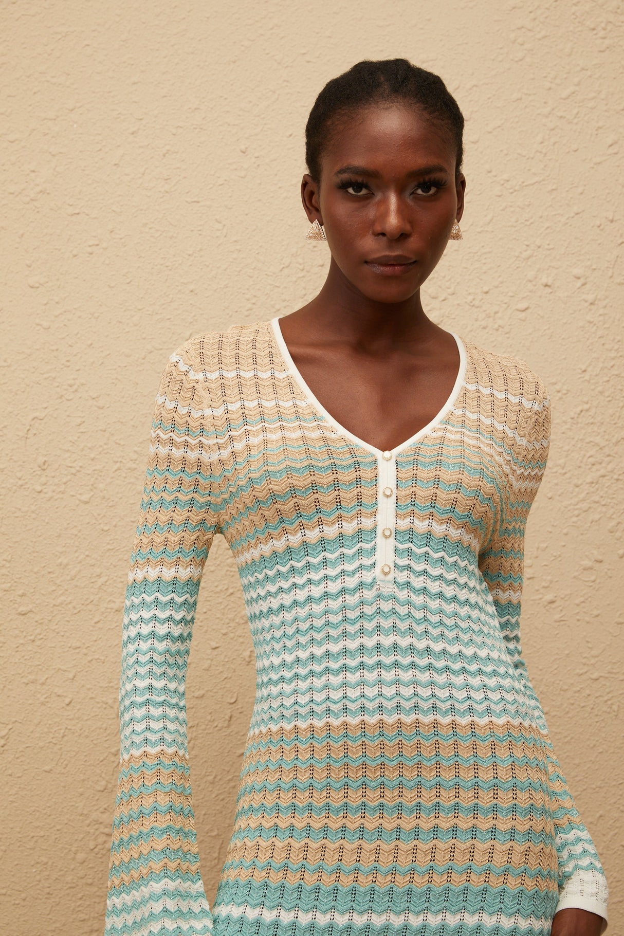 Aurohaya Pélagie Green Wavy Crochet Knit Mini Dress