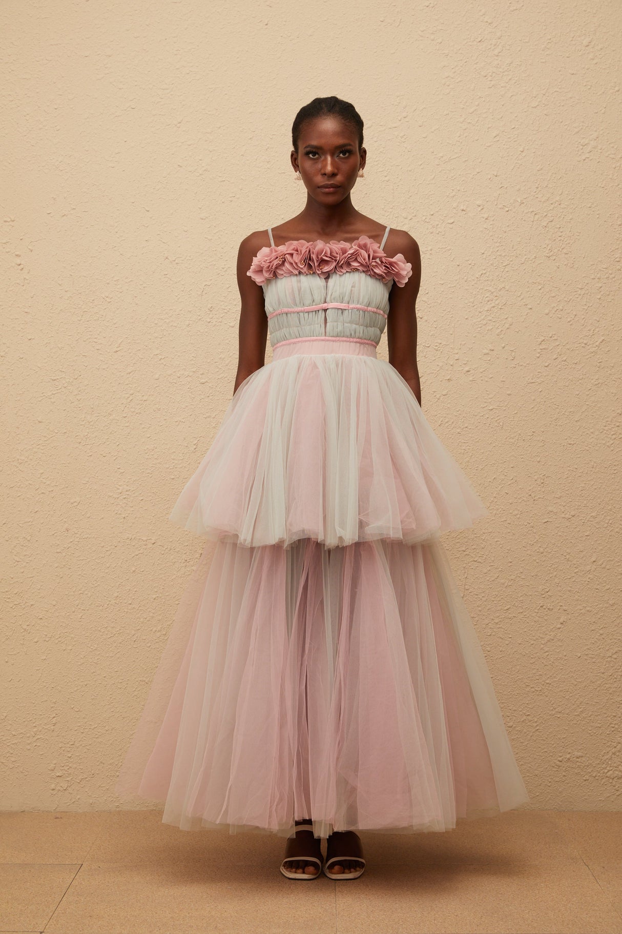 Aurohaya Hermione Grey 3D Petal Tulle Maxi Dress