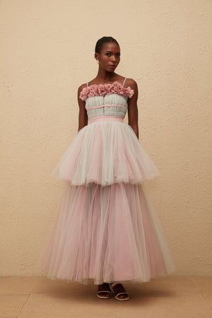 Aurohaya Hermione Grey 3D Petal Tulle Maxi Dress