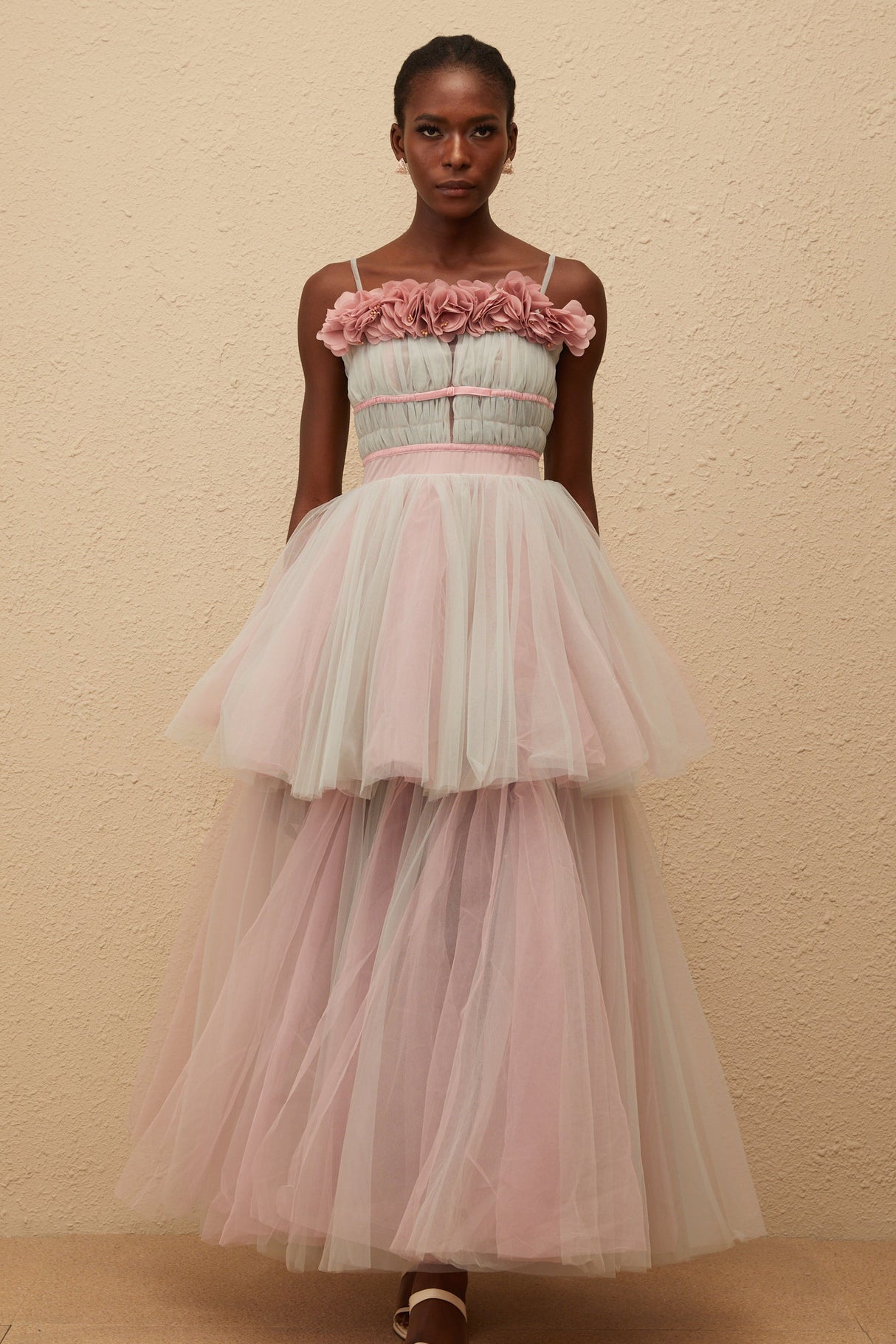 Aurohaya Hermione Grey 3D Petal Tulle Maxi Dress