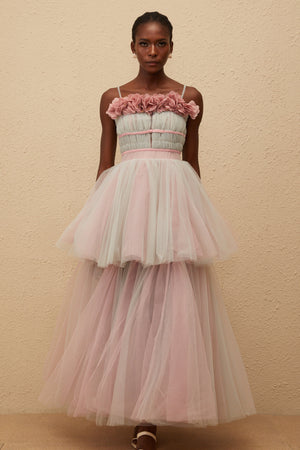 Aurohaya Hermione Grey 3D Petal Tulle Maxi Dress