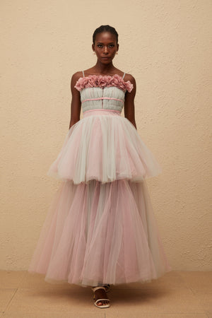 Aurohaya Hermione Grey 3D Petal Tulle Maxi Dress