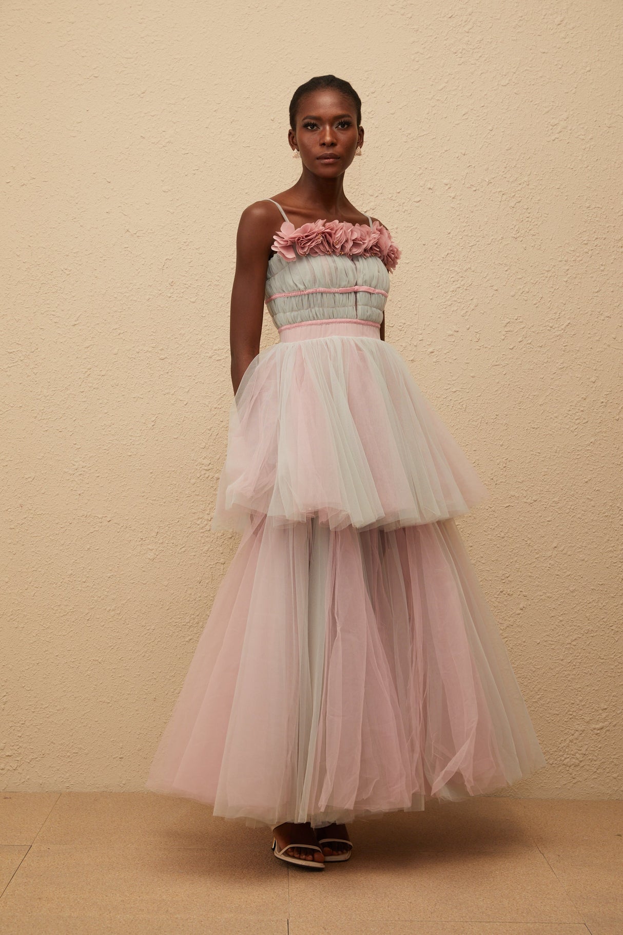 Aurohaya Hermione Grey 3D Petal Tulle Maxi Dress