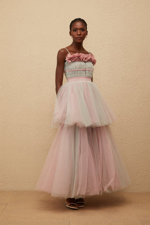Aurohaya Hermione Grey 3D Petal Tulle Maxi Dress