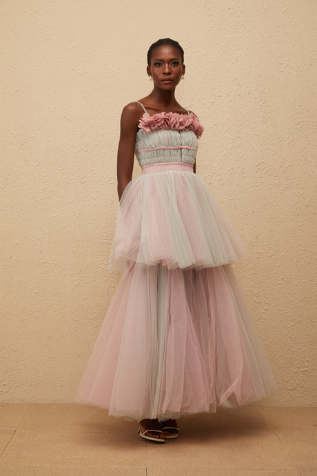 Aurohaya Hermione Grey 3D Petal Tulle Maxi Dress