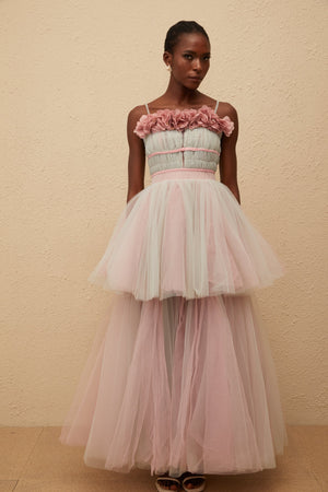 Aurohaya Hermione Grey 3D Petal Tulle Maxi Dress