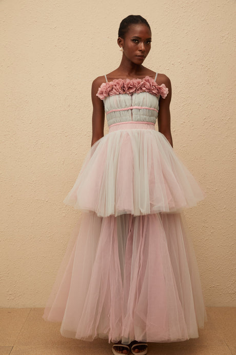 Aurohaya Hermione Grey 3D Petal Tulle Maxi Dress