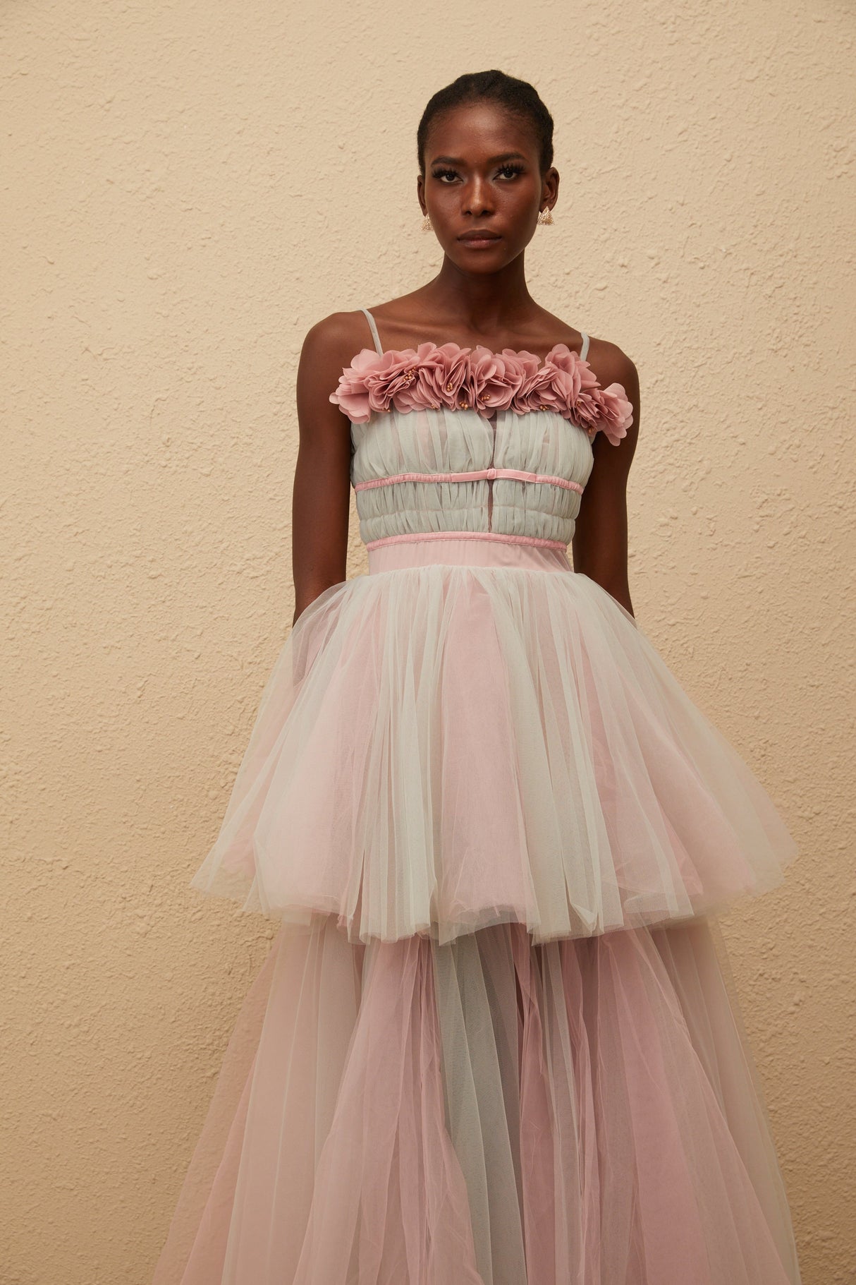 Aurohaya Hermione Grey 3D Petal Tulle Maxi Dress