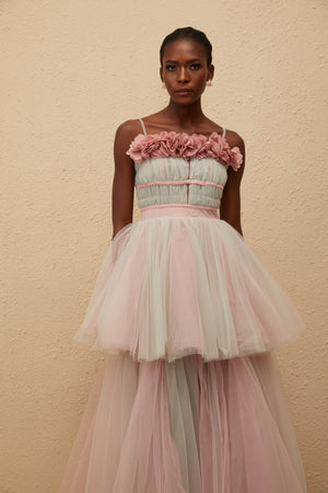Aurohaya Hermione Grey 3D Petal Tulle Maxi Dress