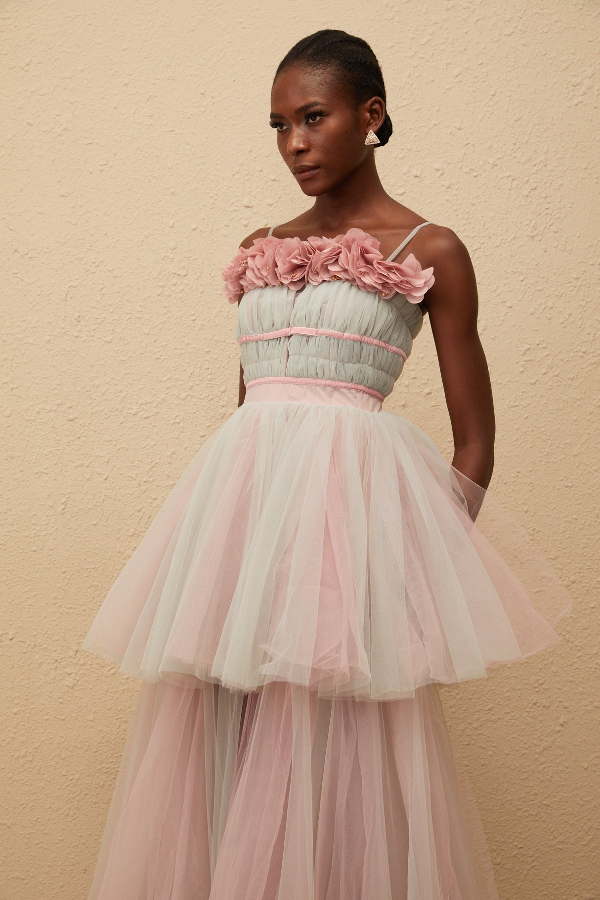 Aurohaya Hermione Grey 3D Petal Tulle Maxi Dress