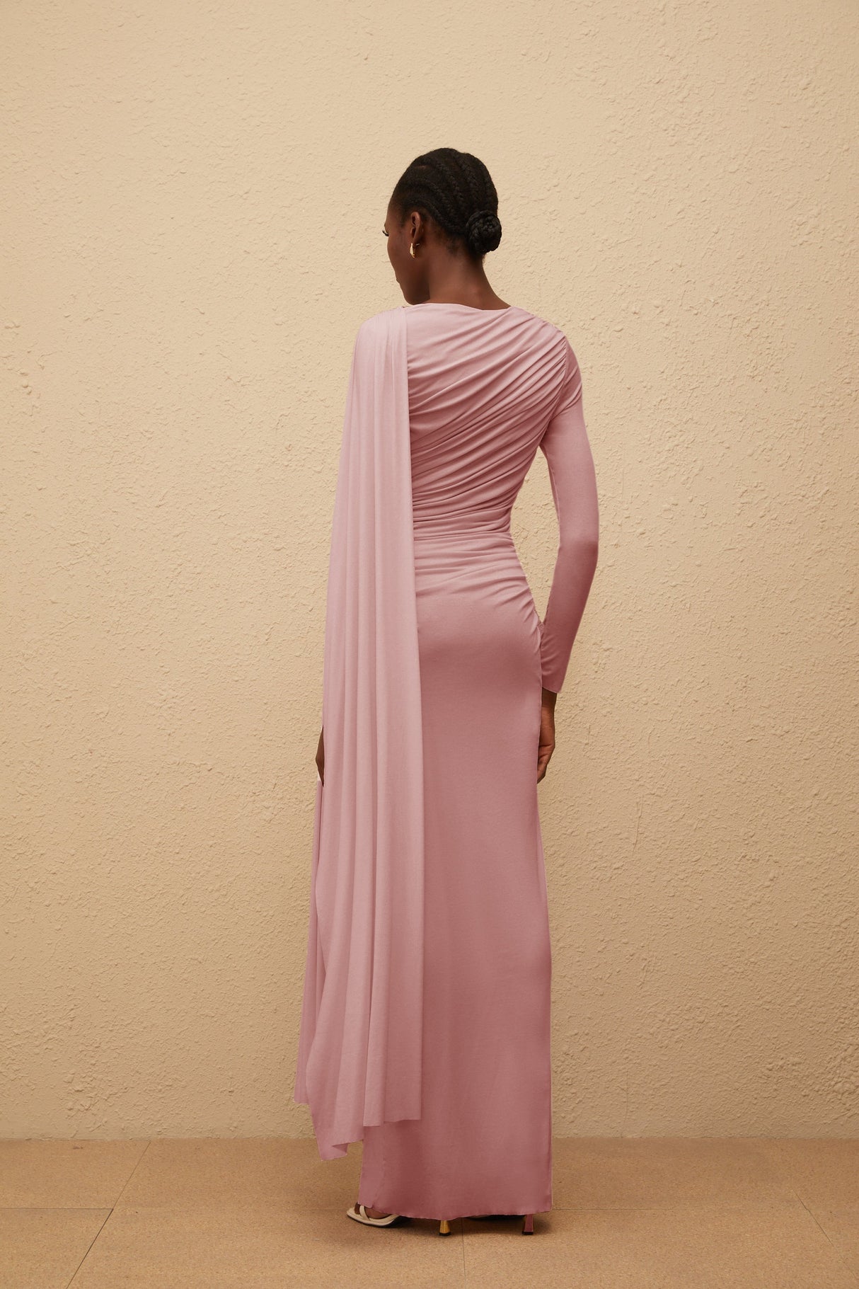 Aurohaya Paloma Pink Asymmetrical Ruched Knit Maxi Dress
