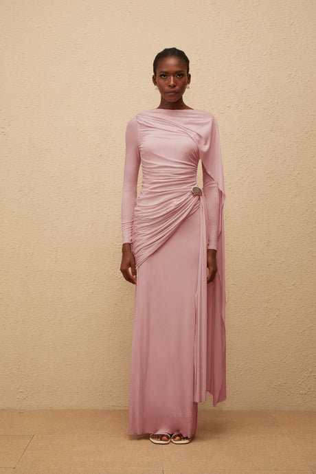 Aurohaya Paloma Pink Asymmetrical Ruched Knit Maxi Dress