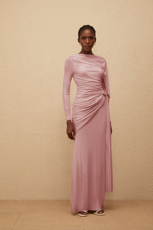 Aurohaya Paloma Pink Asymmetrical Ruched Knit Maxi Dress