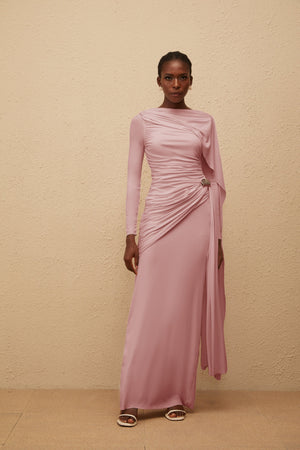 Aurohaya Paloma Pink Asymmetrical Ruched Knit Maxi Dress