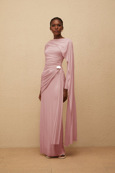 Aurohaya Paloma Pink Asymmetrical Ruched Knit Maxi Dress