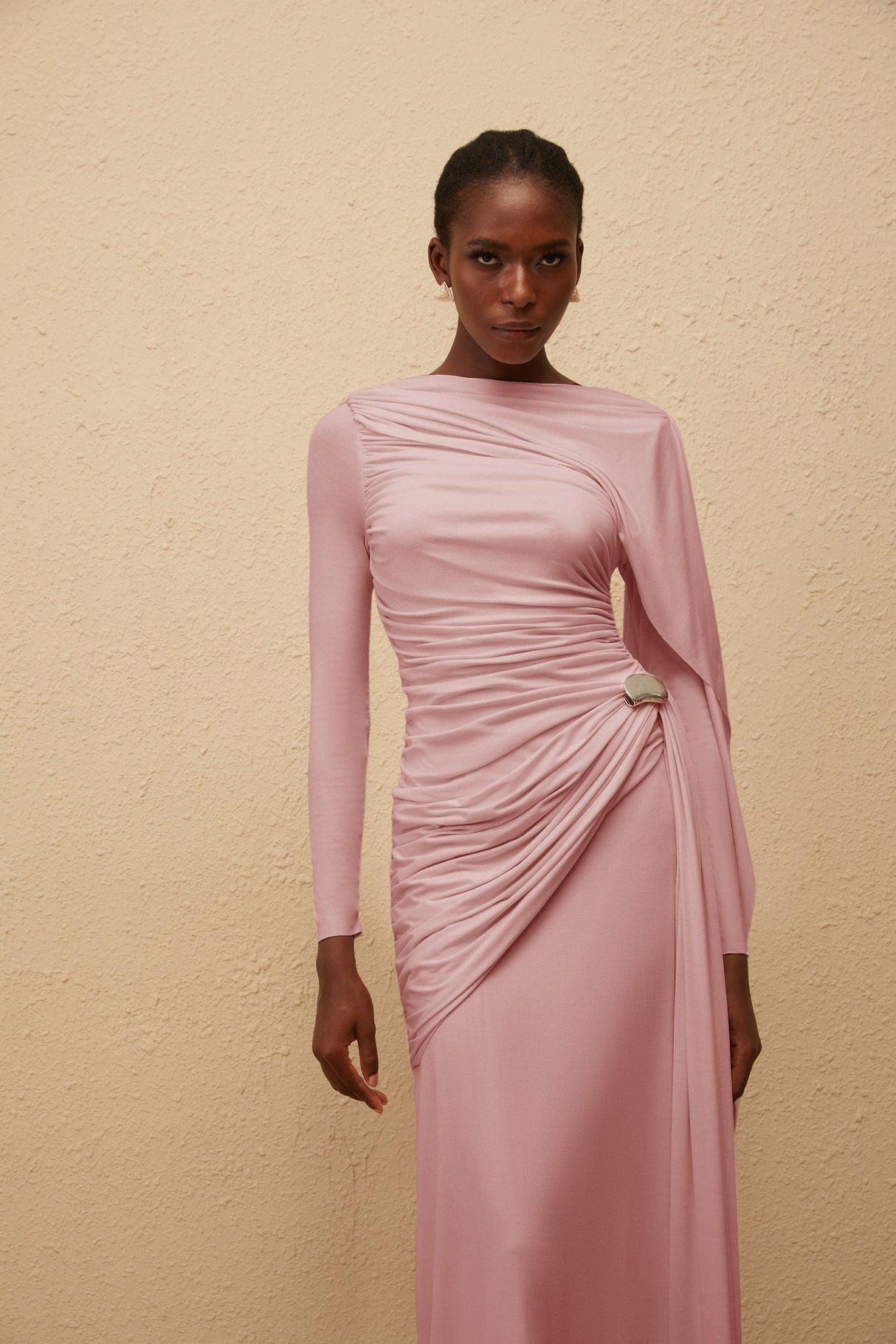 Aurohaya Paloma Pink Asymmetrical Ruched Knit Maxi Dress