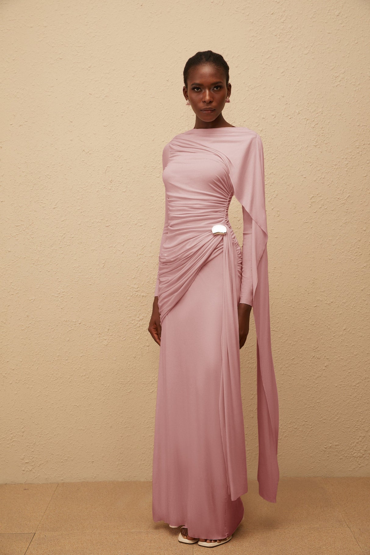 Aurohaya Paloma Pink Asymmetrical Ruched Knit Maxi Dress