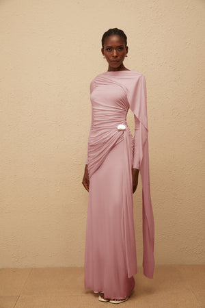 Aurohaya Paloma Pink Asymmetrical Ruched Knit Maxi Dress