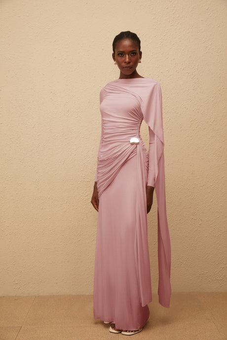Aurohaya Paloma Pink Asymmetrical Ruched Knit Maxi Dress