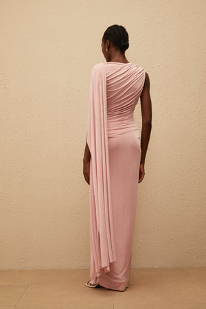 Aurohaya Paloma Pink Sleeveless Asymmetrical Ruched Knit Maxi Dress