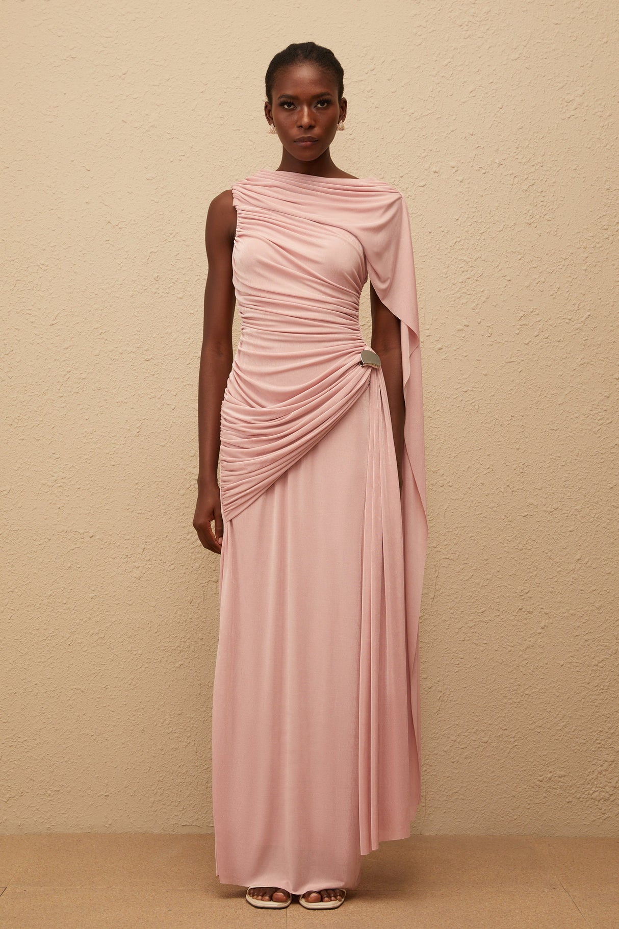 Aurohaya Paloma Pink Sleeveless Asymmetrical Ruched Knit Maxi Dress