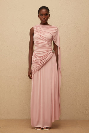 Aurohaya Paloma Pink Sleeveless Asymmetrical Ruched Knit Maxi Dress