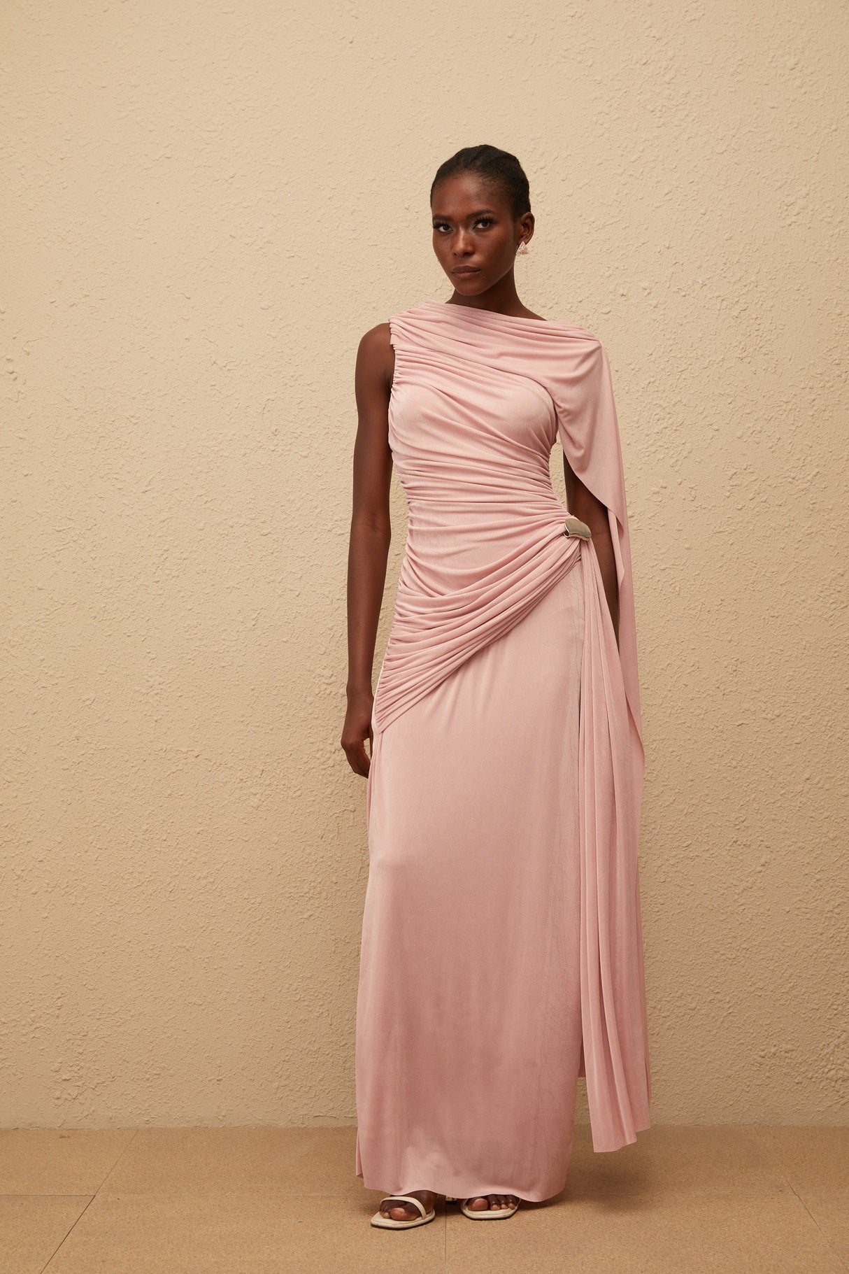 Aurohaya Paloma Pink Sleeveless Asymmetrical Ruched Knit Maxi Dress