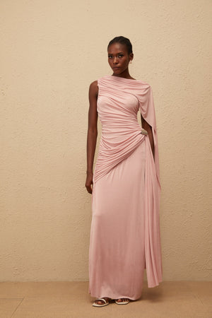 Aurohaya Paloma Pink Sleeveless Asymmetrical Ruched Knit Maxi Dress