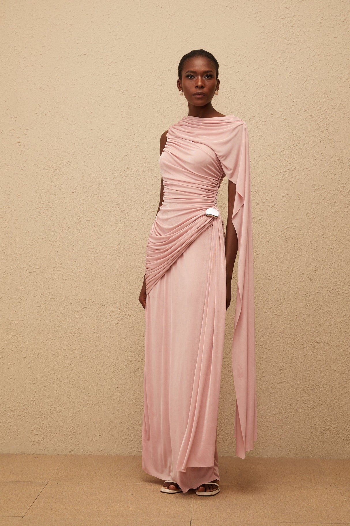 Aurohaya Paloma Pink Sleeveless Asymmetrical Ruched Knit Maxi Dress