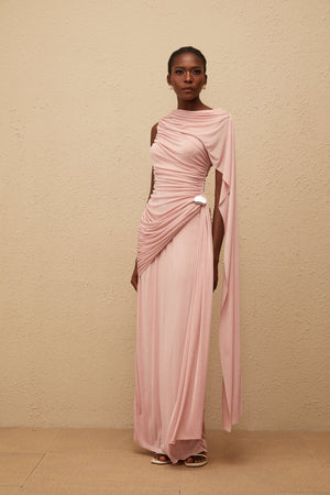 Aurohaya Paloma Pink Sleeveless Asymmetrical Ruched Knit Maxi Dress