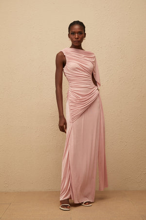 Aurohaya Paloma Pink Sleeveless Asymmetrical Ruched Knit Maxi Dress