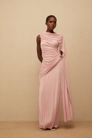 Aurohaya Paloma Pink Sleeveless Asymmetrical Ruched Knit Maxi Dress