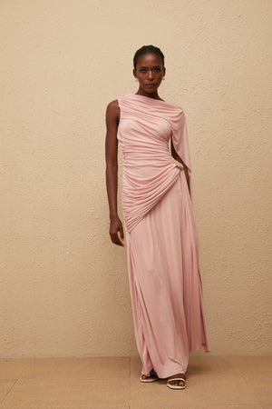 Aurohaya Paloma Pink Sleeveless Asymmetrical Ruched Knit Maxi Dress
