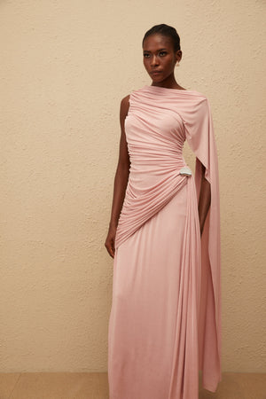 Aurohaya Paloma Pink Sleeveless Asymmetrical Ruched Knit Maxi Dress