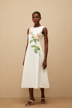 Aurohaya Mackenzie White Floral Embroidered Midi Dress