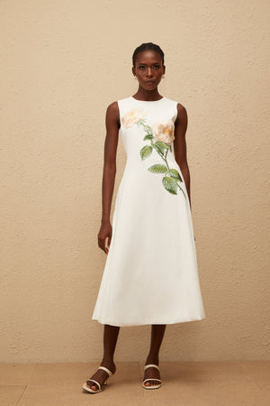 Aurohaya Mackenzie White Floral Embroidered Midi Dress