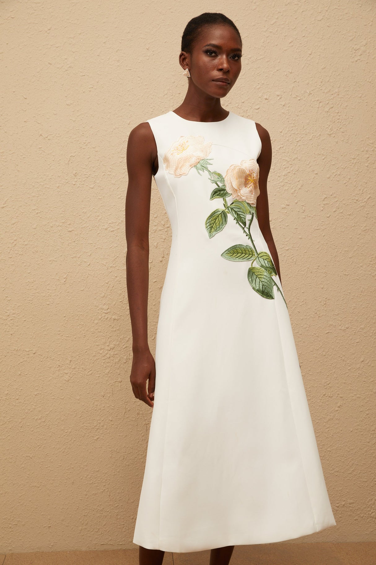 Aurohaya Mackenzie White Floral Embroidered Midi Dress