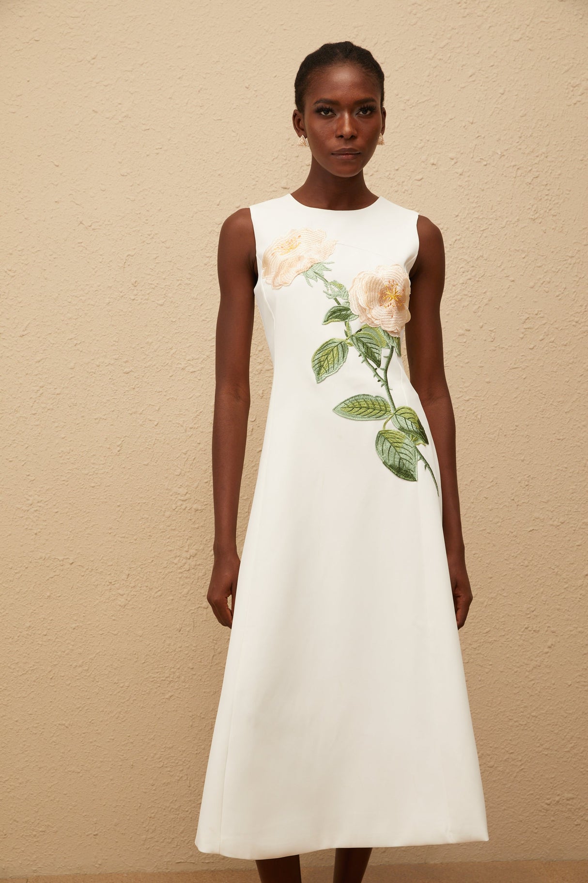 Aurohaya Mackenzie White Floral Embroidered Midi Dress