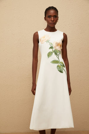 Aurohaya Mackenzie White Floral Embroidered Midi Dress