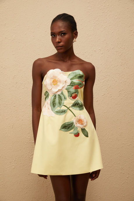 Aurohaya Abigail Yellow Floral Embroidered Mini Dress