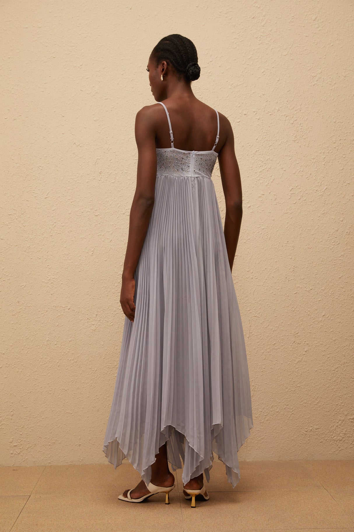 Aurohaya Léa Grey Rhinestone Embellished Pleated Maxi Dress