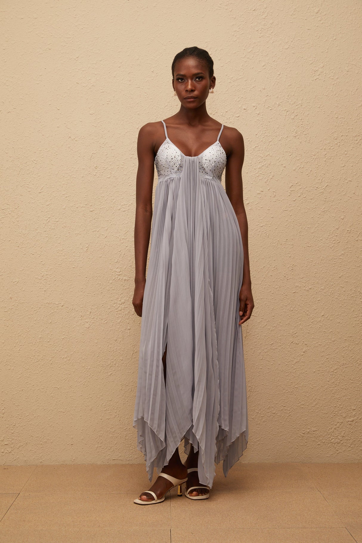 Aurohaya Léa Grey Rhinestone Embellished Pleated Maxi Dress