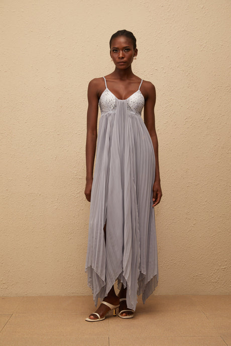 Aurohaya Léa Grey Rhinestone Embellished Pleated Maxi Dress