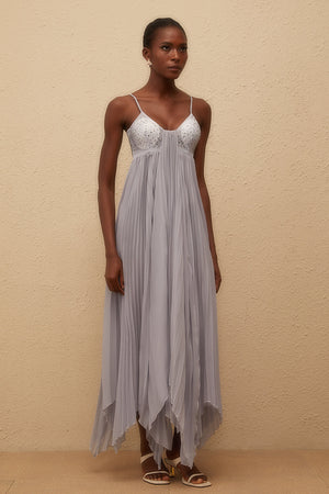 Aurohaya Léa Grey Rhinestone Embellished Pleated Maxi Dress