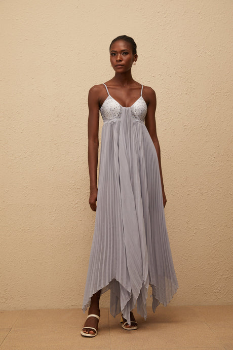 Aurohaya Léa Grey Rhinestone Embellished Pleated Maxi Dress