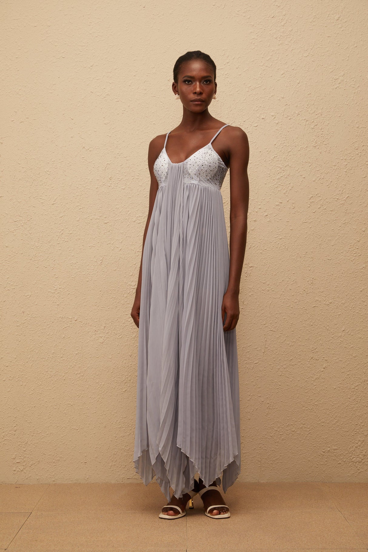 Aurohaya Léa Grey Rhinestone Embellished Pleated Maxi Dress